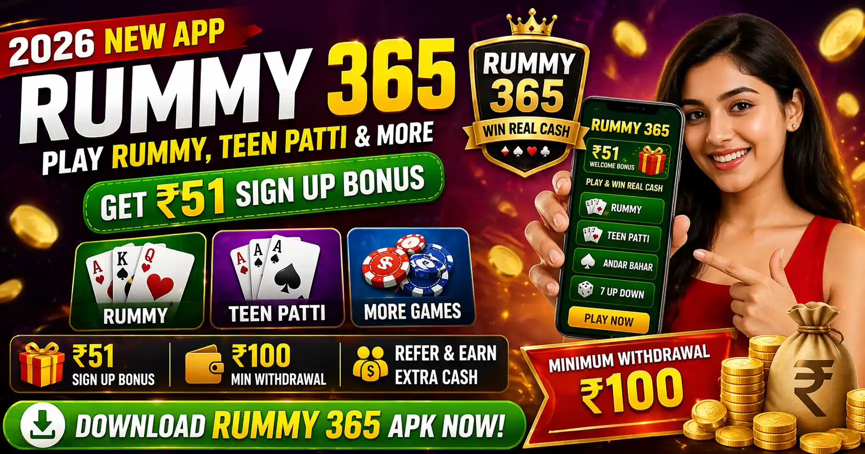 Rummy 365 APK Download 2026 – Get ₹51 Sign Up Bonus | Minimum Withdrawal ₹100 | Play Rummy Teen Patti & More Referral Code 2026 - Get Signup Bonus