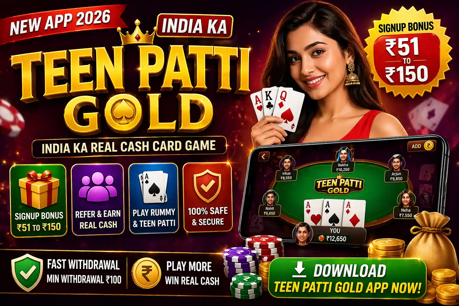 Teen Patti Gold App 2026 – ₹51 to ₹150 Bonus | Full Review & Features